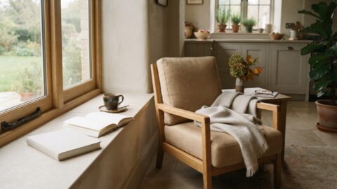A blank clothbound book, tea, greenery, and a soft throw create a life-giving reading corner.
