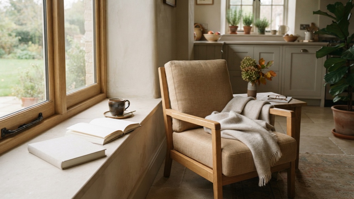 A blank clothbound book, tea, greenery, and a soft throw create a life-giving reading corner.