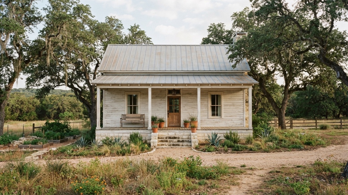 A preserved older Texas farmhouse stands beneath mature live oaks during careful restoration.