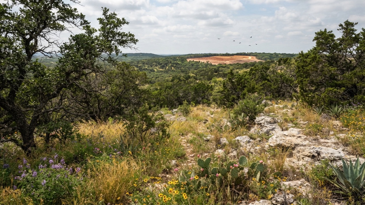 A living Spicewood landscape of oaks, grasses, cactus, and limestone meets recently cleared soil in the distance.
