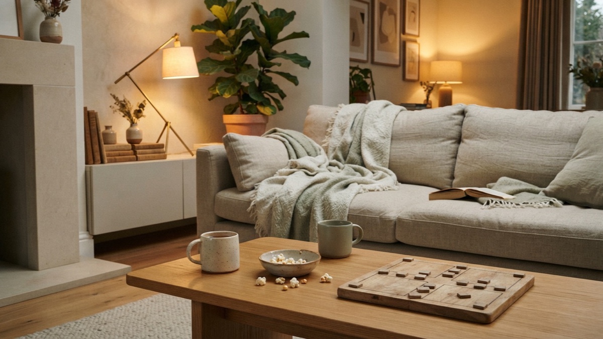 A softly lit living room with mugs, popcorn, and a simple game feels loved, peaceful, and fun.