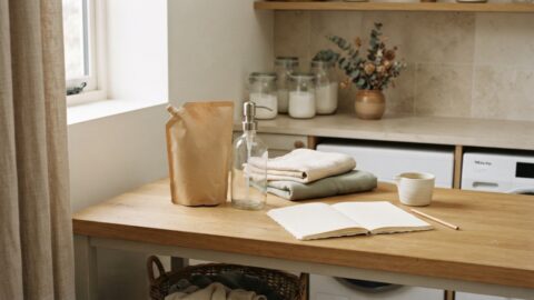 An unbranded refill pouch and glass bottle sit beside folded towels in a bright utility room.
