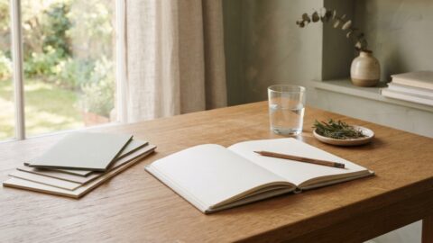 A blank notebook and simple household references create a calm workspace for accurate learning.
