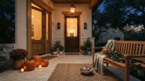 Carved pumpkins, candy, and lantern light make a warm Central Texas porch feel ready for Halloween.