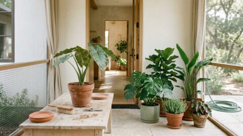 Container plants are grouped beside an open porch doorway with simple tools ready for inspection before the plants move indoors.