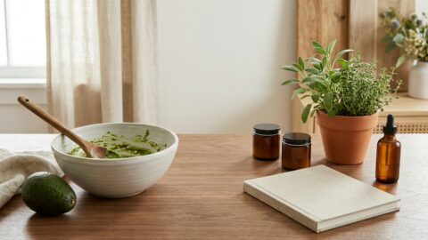 A ceramic bowl with avocado sits beside amber jars, herbs, and a closed notebook on a sunlit wooden table.