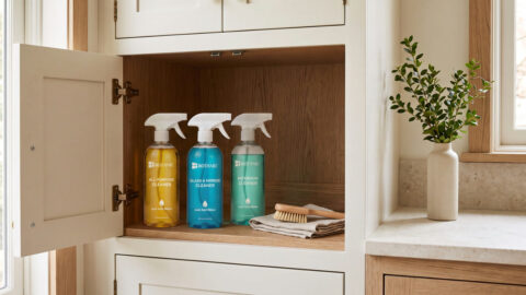 Three Botanic cleaner bottles stand beside folded linen and a wooden brush inside a bright warm-white utility cabinet.