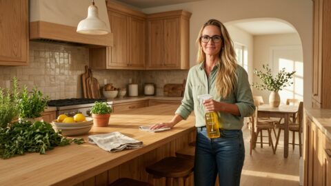 Jennifer wipes the kitchen island in a warm modern-organic kitchen beside an upright Botanic All-Purpose Cleaner bottle with its label clearly visible.