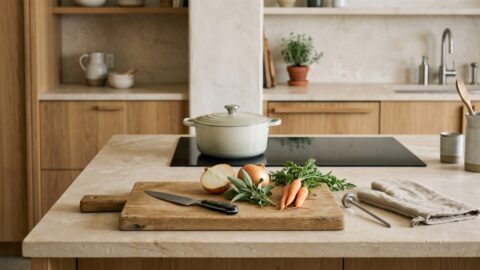 A cutting board with onions, carrots, herbs, a safely placed knife, folded linen, and a food thermometer sits before an unlit cooktop and covered pot.