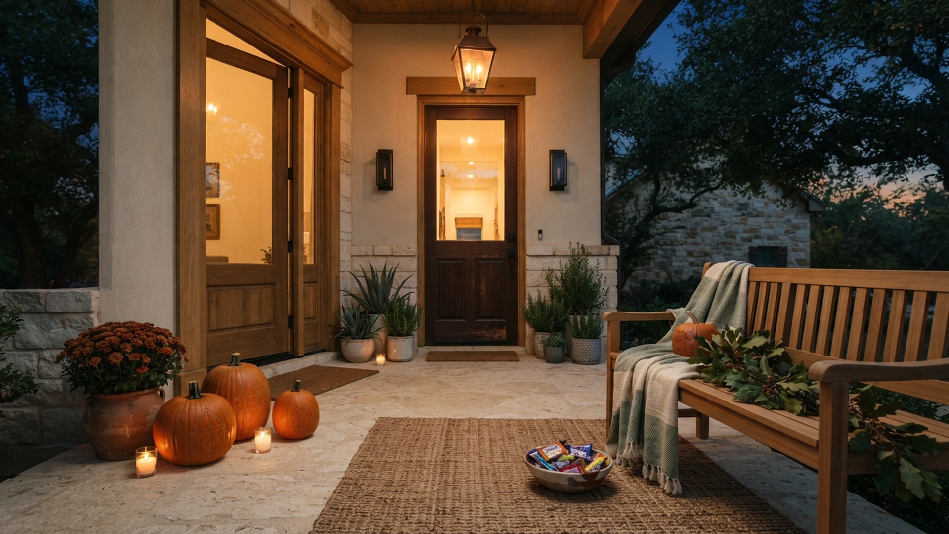 Carved pumpkins, candy, and lantern light make a warm Central Texas porch feel ready for Halloween.